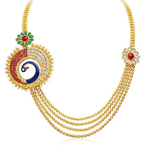 Sukkhi Eye-Catchy Peacock Four Strings Gold Plated Necklace Set for Women