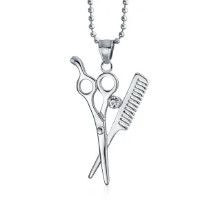 Unisex Whimsical Scissors Comb Pendant Necklace Crystal Accent Silver-Tone Chain