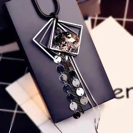 Vintage Geometrical Crystal Pendant Necklace Elegant Flower Tassel Sweater Chain OL Long Necklace Jewelry Female Accessories