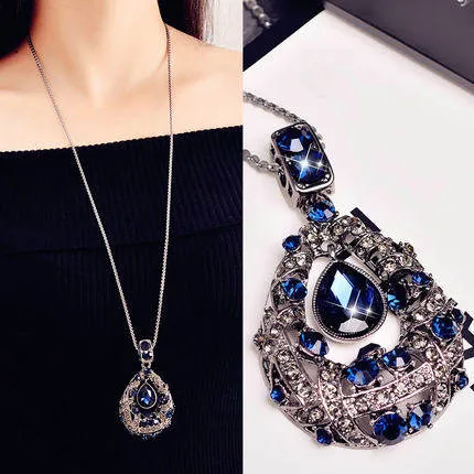 Vintage Geometrical Crystal Pendant Necklace Elegant Flower Tassel Sweater Chain OL Long Necklace Jewelry Female Accessories