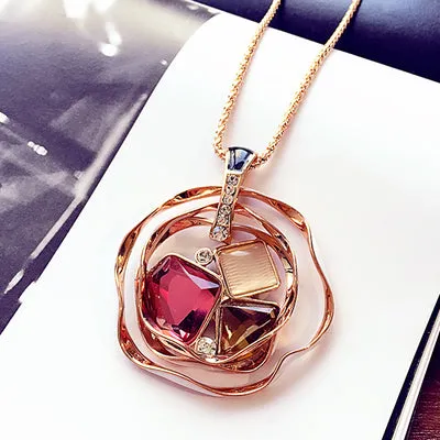 Vintage Geometrical Crystal Pendant Necklace Elegant Flower Tassel Sweater Chain OL Long Necklace Jewelry Female Accessories