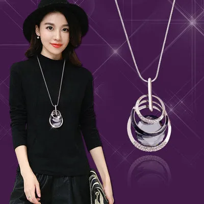 Vintage Geometrical Crystal Pendant Necklace Elegant Flower Tassel Sweater Chain OL Long Necklace Jewelry Female Accessories