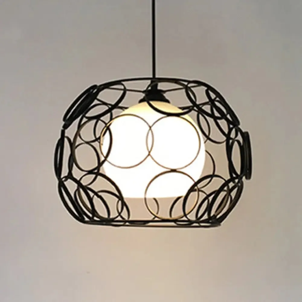 Vintage Metal Pendant Light with Opal Glass Shade - Black/White Wire Frame - Indoor Hanging Ceiling Fixture