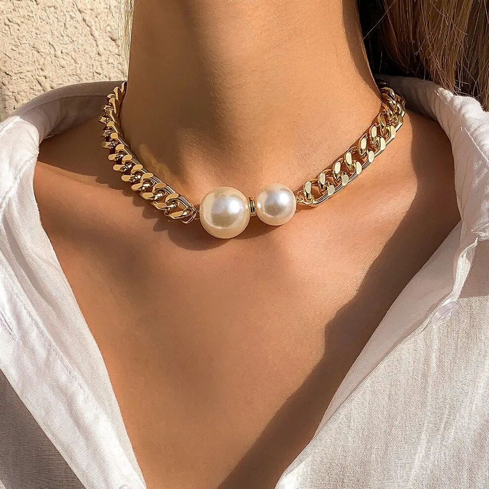 Vintage Punk Cuban Chains Necklaces Women Gothic Imitation Pearl Pendant Necklace Girl Chokers Fashion Accessories Jewellery