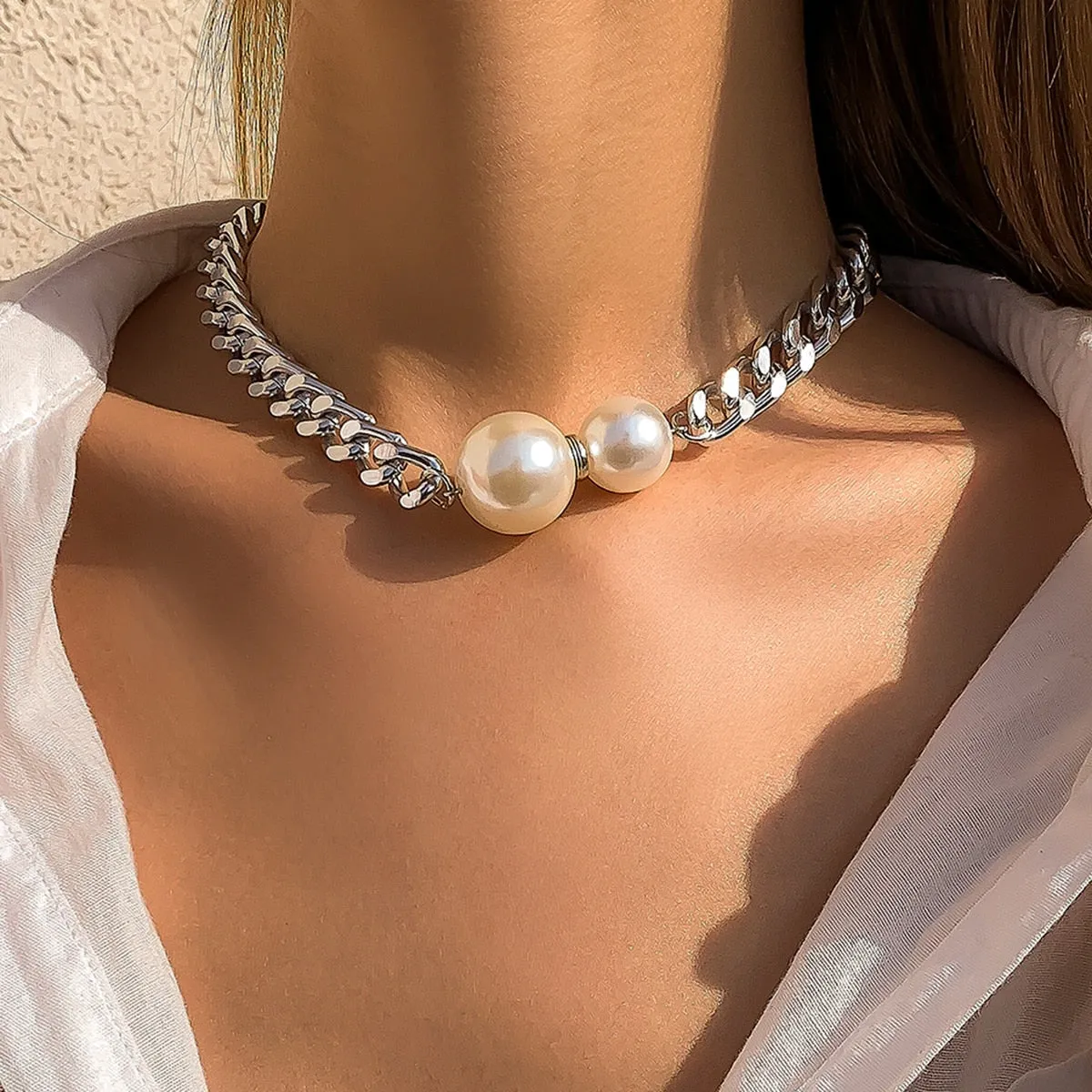 Vintage Punk Cuban Chains Necklaces Women Gothic Imitation Pearl Pendant Necklace Girl Chokers Fashion Accessories Jewellery