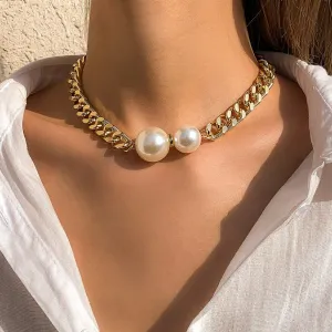 Vintage Punk Cuban Chains Necklaces Women Gothic Imitation Pearl Pendant Necklace Girl Chokers Fashion Accessories Jewellery