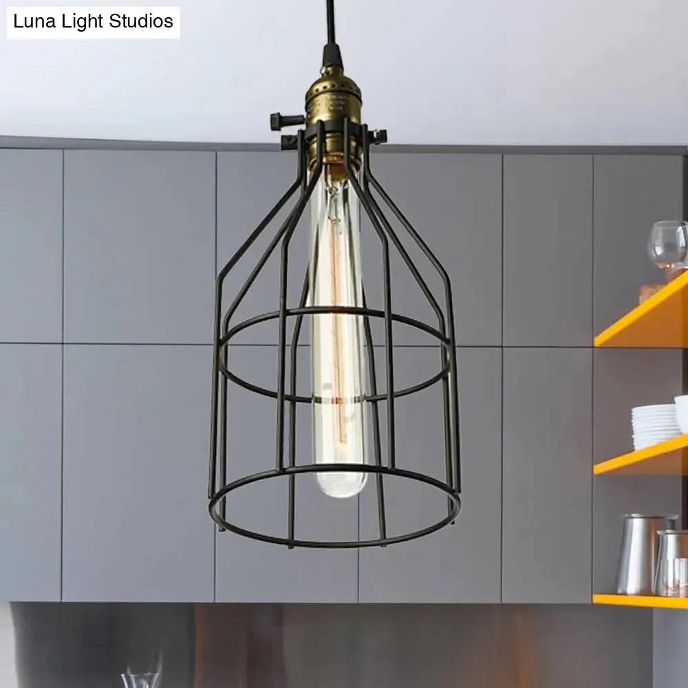 Vintage Style Wire Cage Pendant Lamp | 1-Light Ceiling Pendant Light in Black for Kitchen