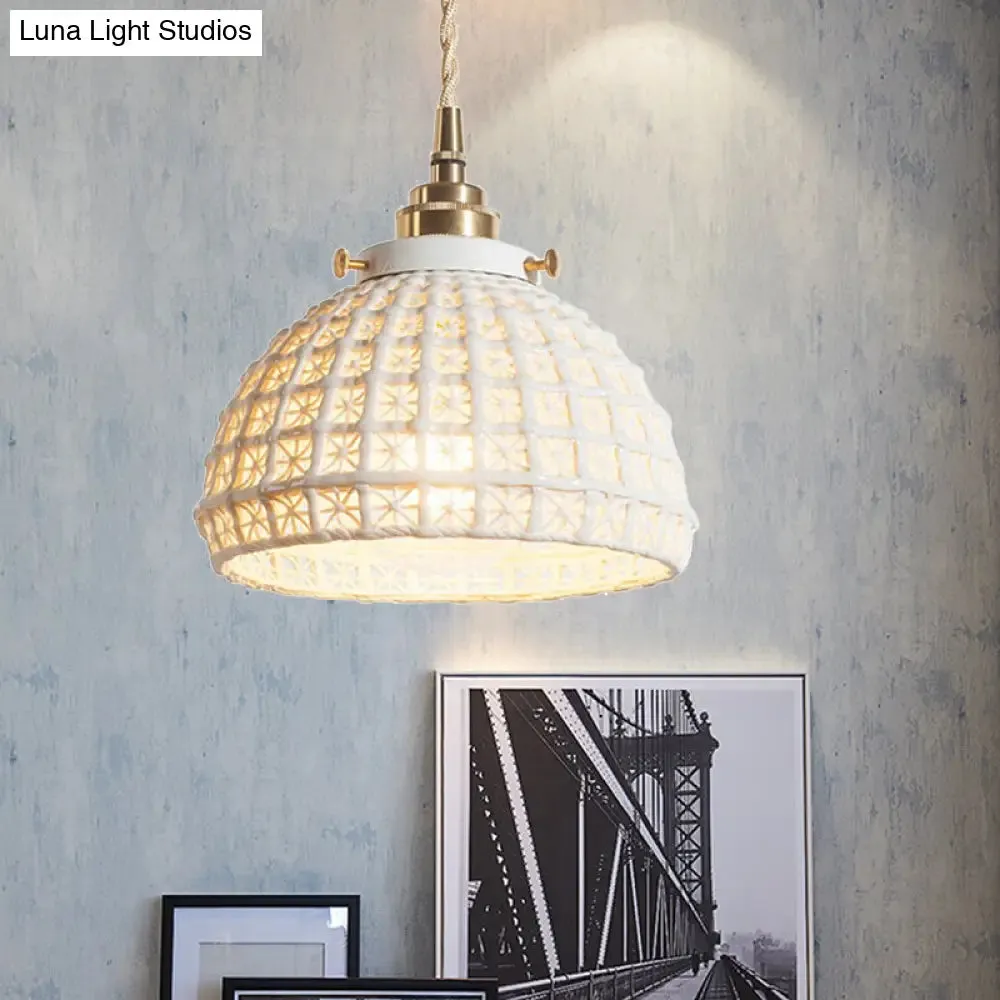 White Ceramic Domed Basket Pendant Lamp - Modern 1-Head Hanging Light for Kitchen Hallway