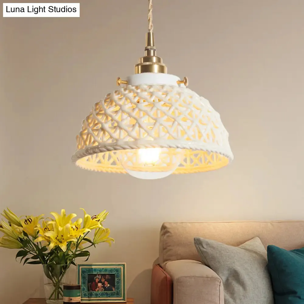 White Ceramic Domed Basket Pendant Lamp - Modern 1-Head Hanging Light for Kitchen Hallway