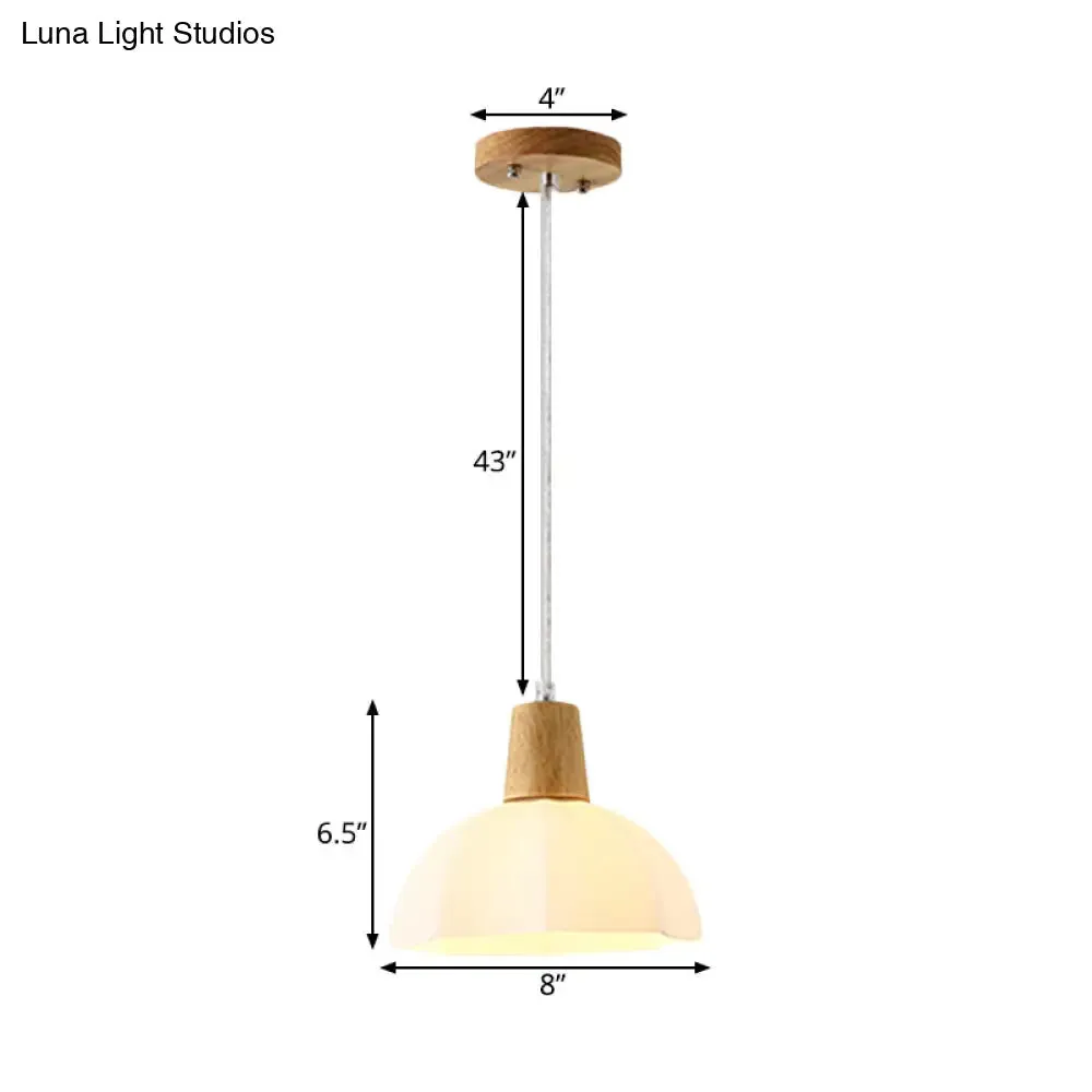 White Frosted Glass Umbrella Pendant Light with Wood Cap - Modernist Beige Hanging Ceiling Lamp