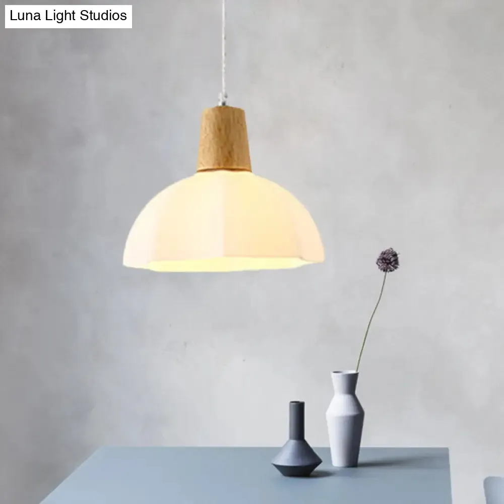 White Frosted Glass Umbrella Pendant Light with Wood Cap - Modernist Beige Hanging Ceiling Lamp