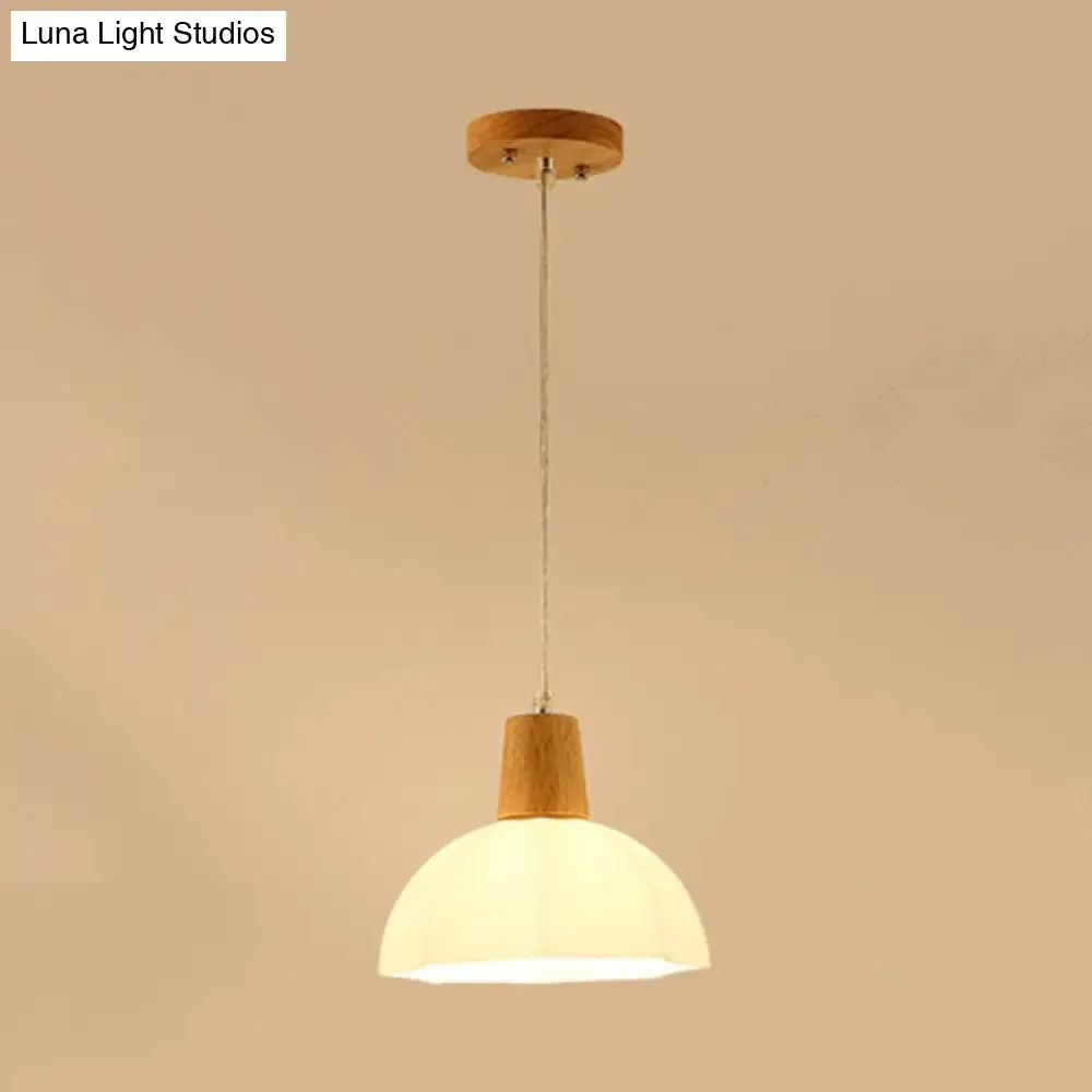 White Frosted Glass Umbrella Pendant Light with Wood Cap - Modernist Beige Hanging Ceiling Lamp