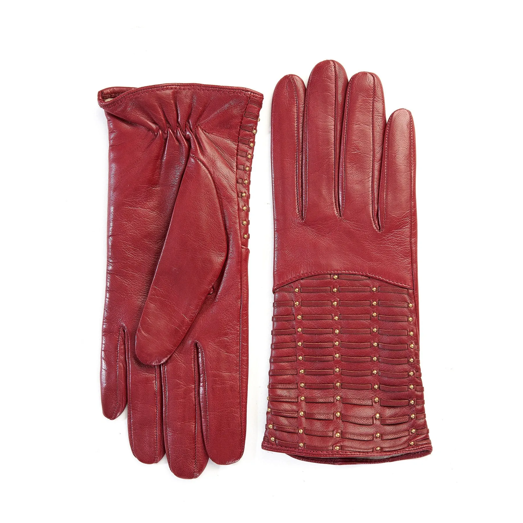 Womens' red leather gloves with studs and woven leather handmade