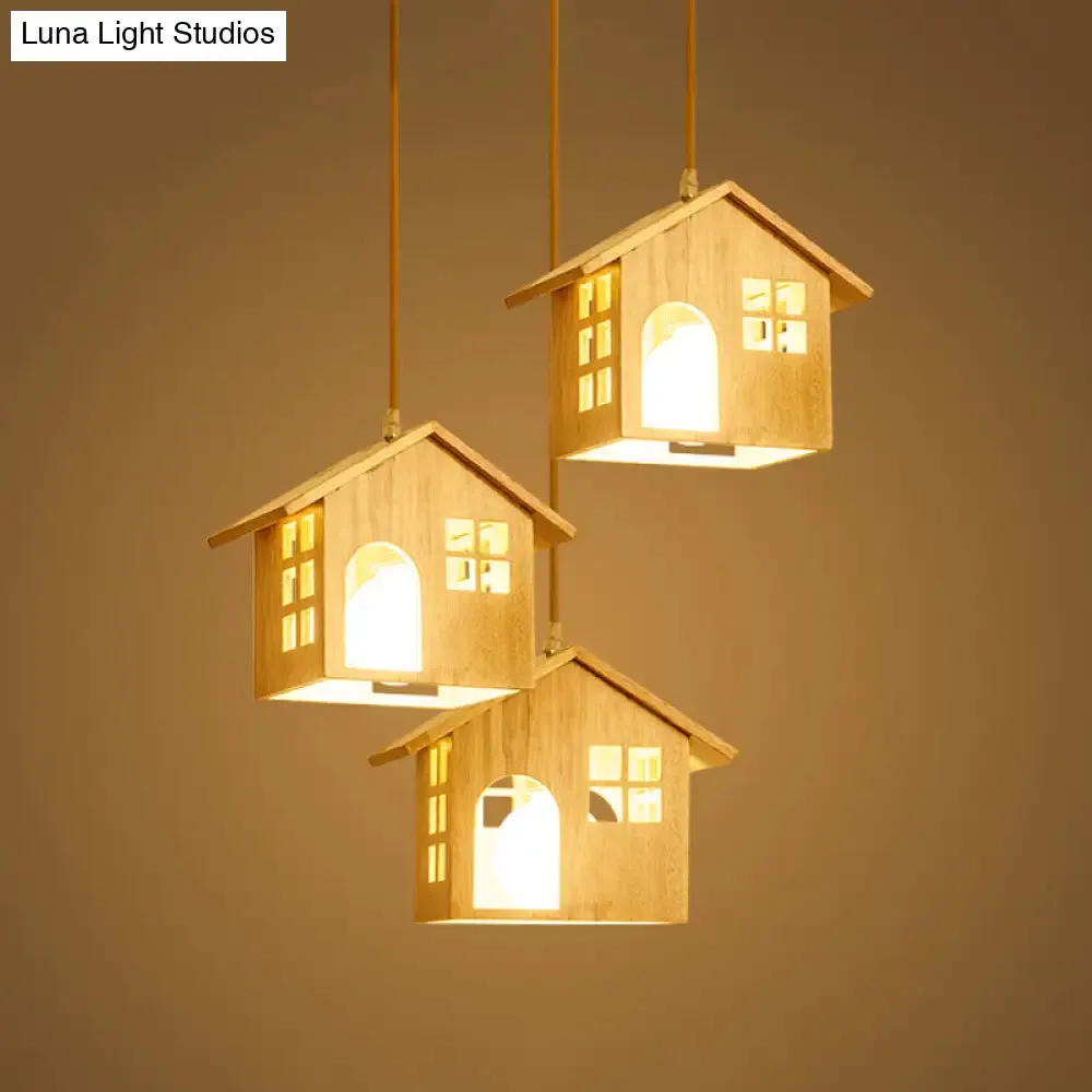 Wooden Lodge Pendant Lamp with 3 Beige Headlights for Dining Table