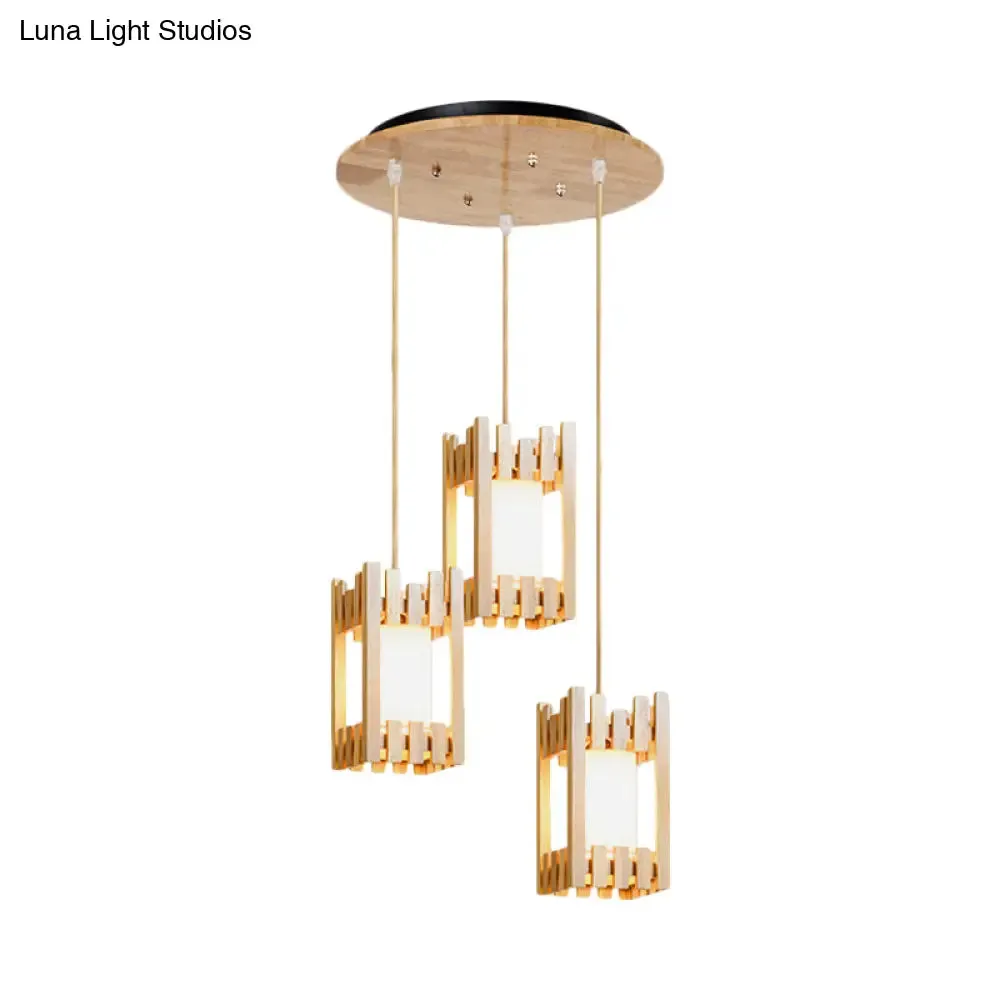 Wooden Lodge Pendant Lamp with 3 Beige Headlights for Dining Table