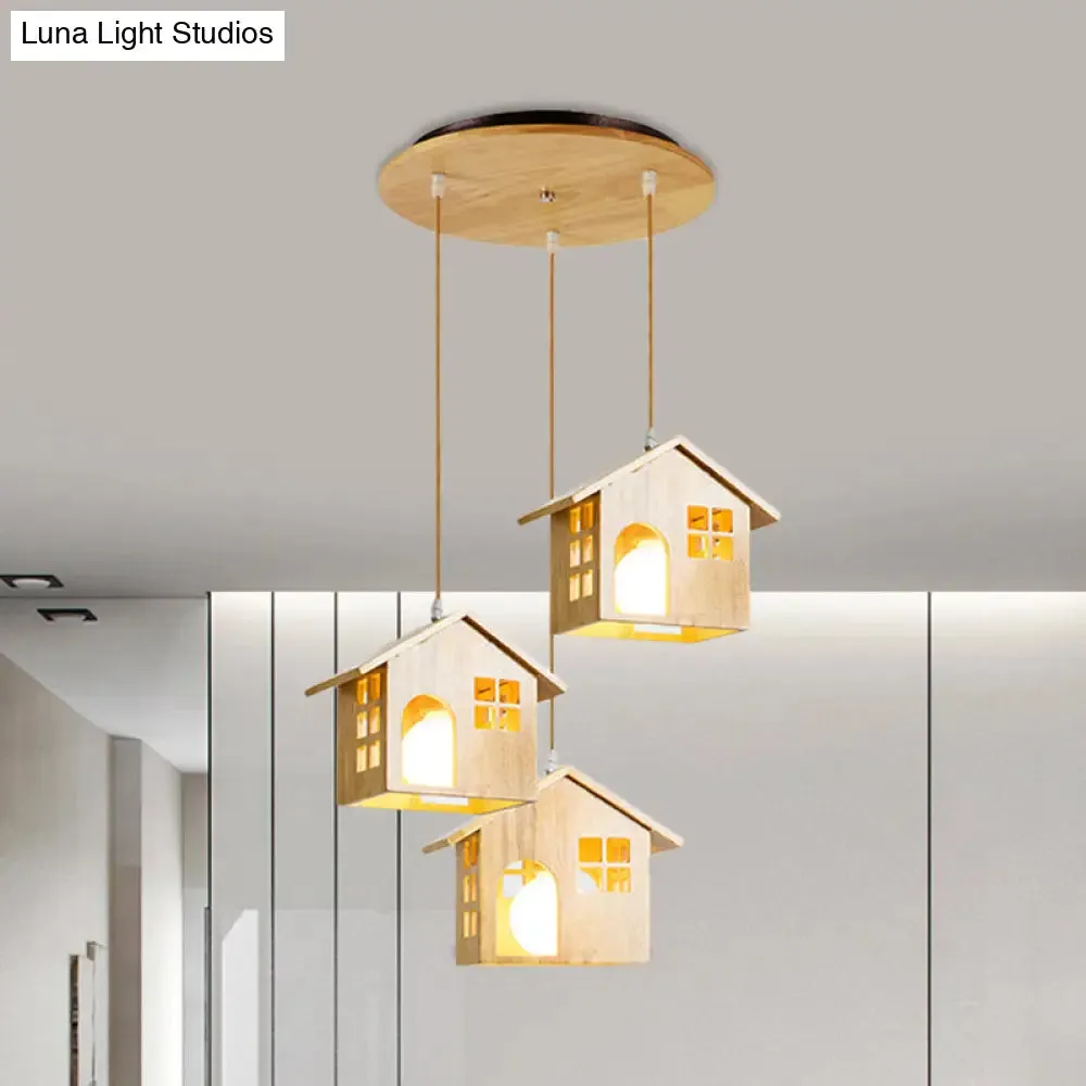 Wooden Lodge Pendant Lamp with 3 Beige Headlights for Dining Table