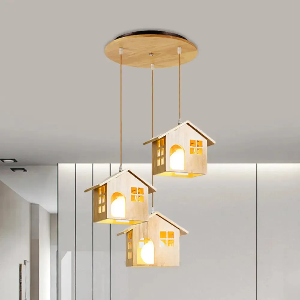 Wooden Lodge Pendant Lamp with 3 Beige Headlights for Dining Table